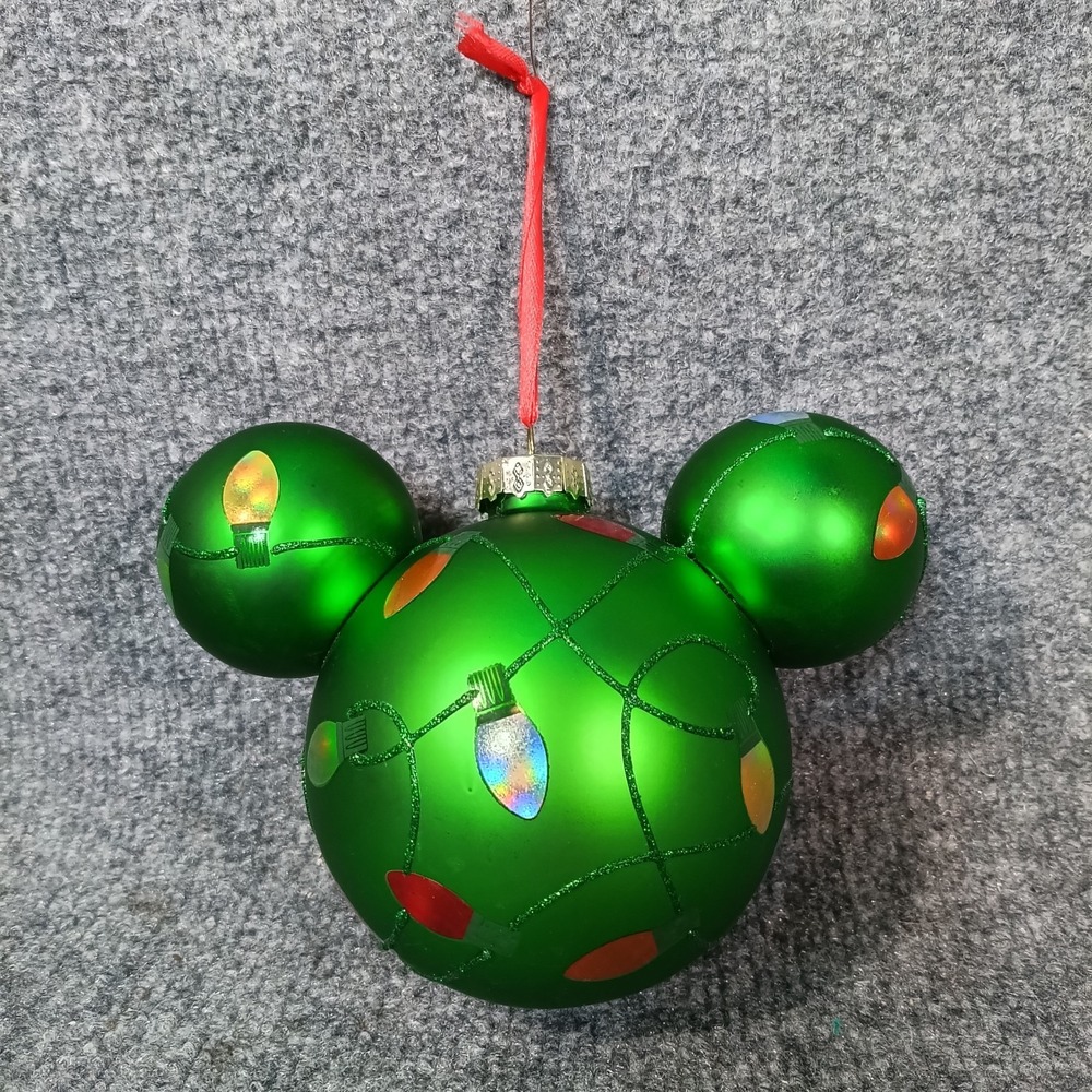 Disney Parks Mickey Mouse Icon Glass Ball Ornament Holiday Lights Green Festive